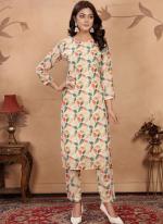 Cotton Beige Traditional Wear Printed Readymade Kurti With Bottom